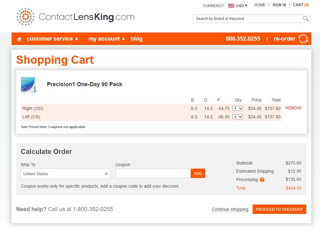 Contact Lens King cart showing a $136.60 processing fee.