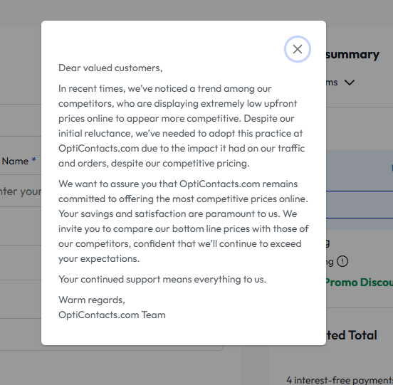 OptiContacts pop-up explaining its processing fee practice.